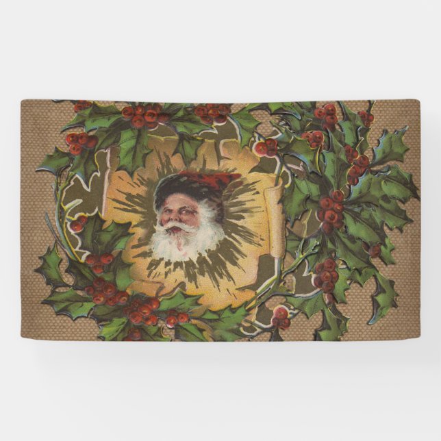 Vintage Santa Antique Holly Christmas Banner (Horizontal)