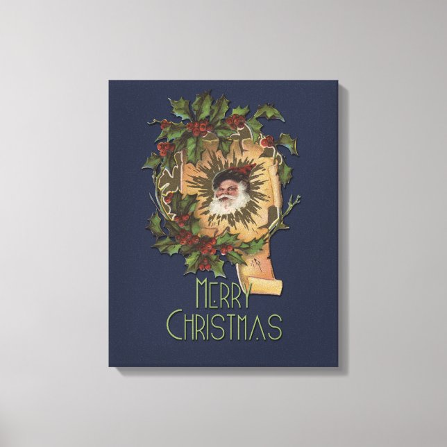 Vintage Santa Antique Holly Christmas Canvas Print (Front)