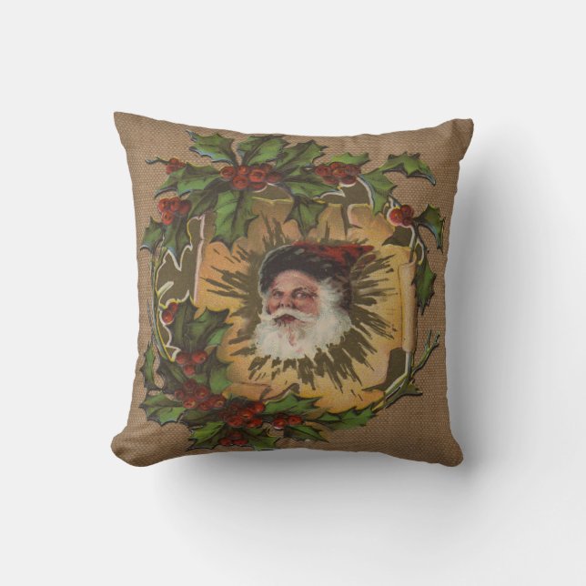 Vintage Santa Antique Holly Christmas Cushion (Front)