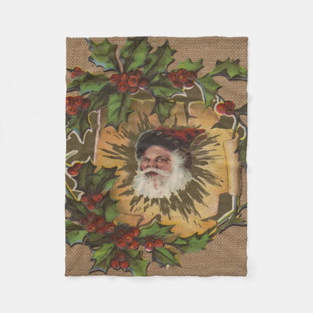 Vintage Santa Antique Holly Christmas Fleece Blanket (Front)