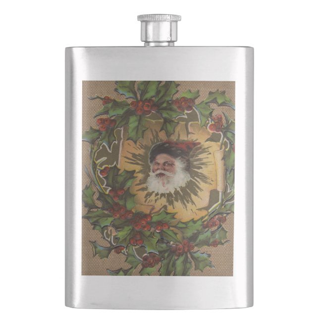 Vintage Santa Antique Holly Christmas Hip Flask (Front)