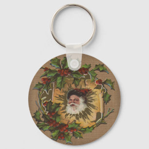 Vintage Santa Antique Holly Christmas Key Ring