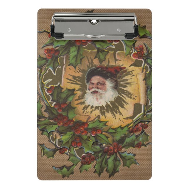 Vintage Santa Antique Holly Christmas Mini Clipboard (Front)