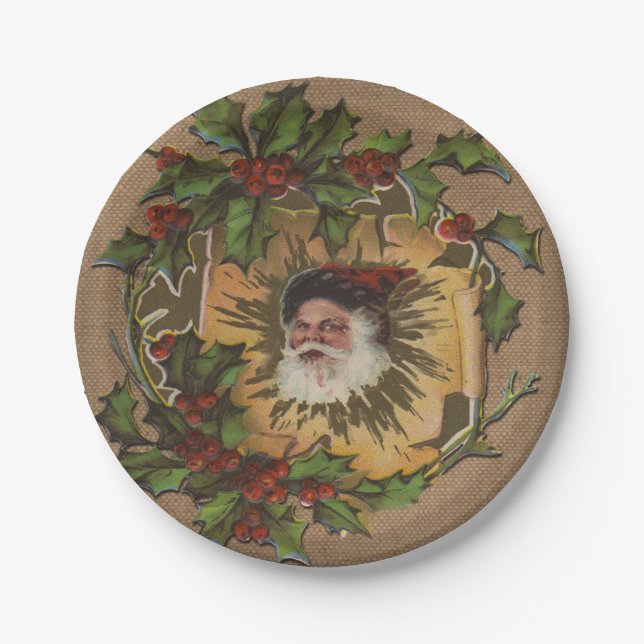Vintage Santa Antique Holly Christmas Paper Plate (Front)