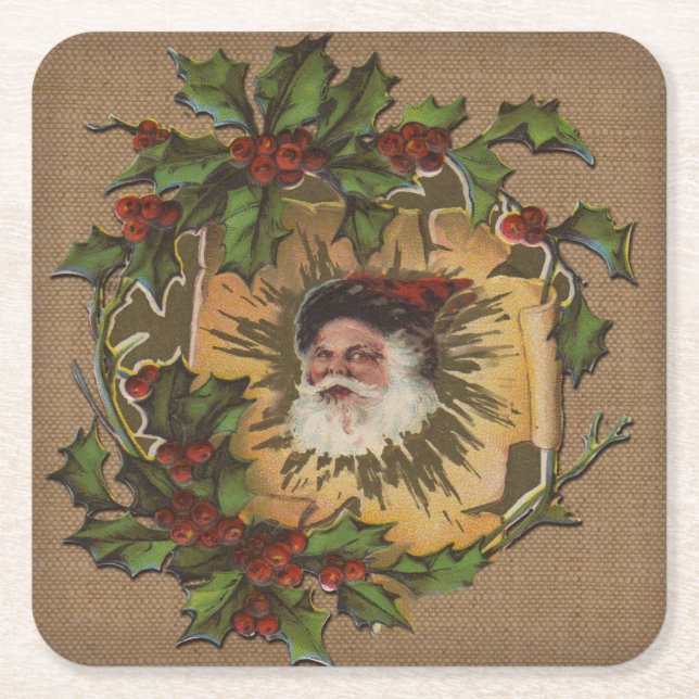 Vintage Santa Antique Holly Christmas Square Paper Coaster (Front)