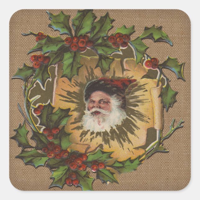 Vintage Santa Antique Holly Christmas Square Sticker (Front)