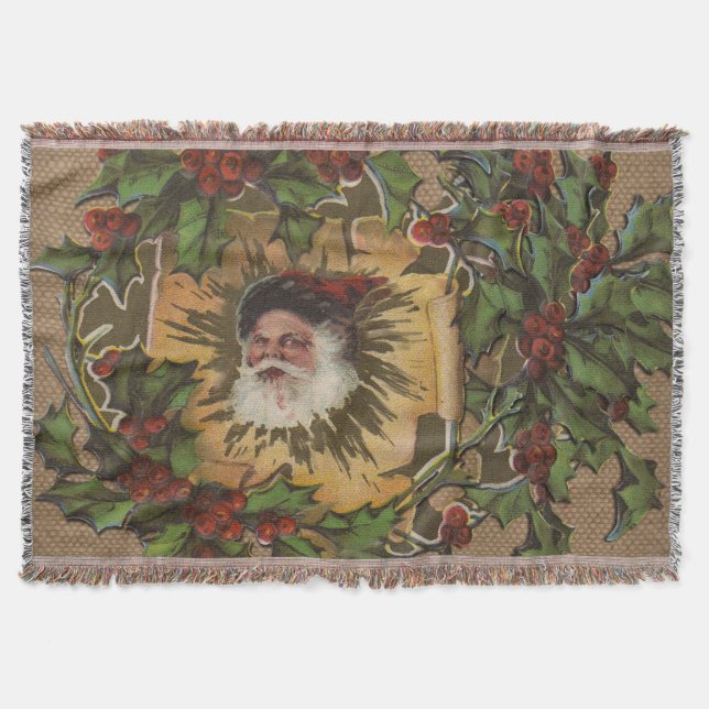 Vintage Santa Antique Holly Christmas Throw Blanket (Front)