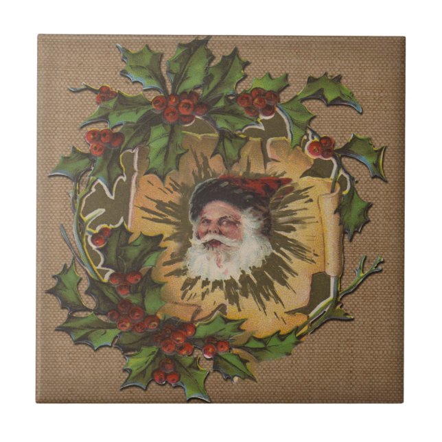 Vintage Santa Antique Holly Christmas Tile (Front)