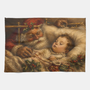 Vintage Santa Bedtime Christmas Oil Painting Tea Towel