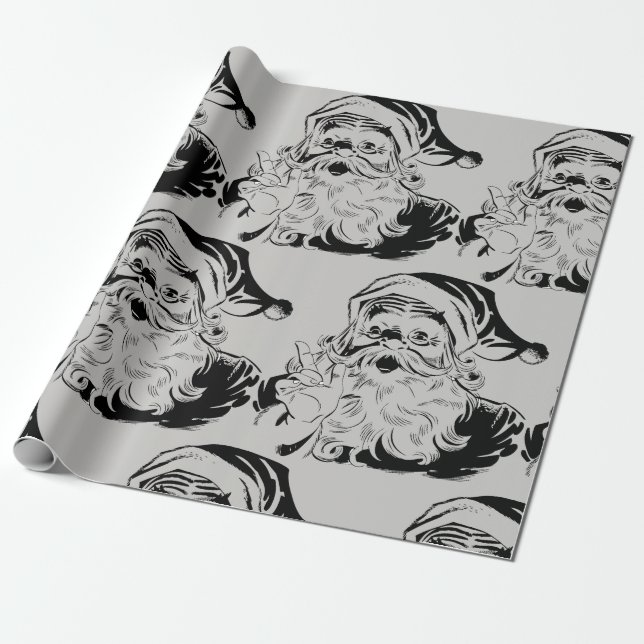 Vintage Santa Black & Grey Christmas Wrapping Paper (Unrolled)