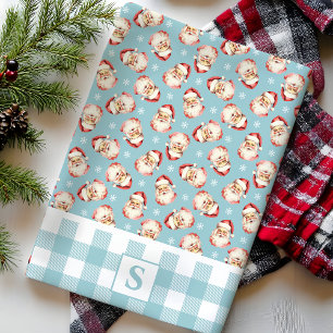 Vintage Santa Blue Gingham Monogrammed Christmas Tea Towel