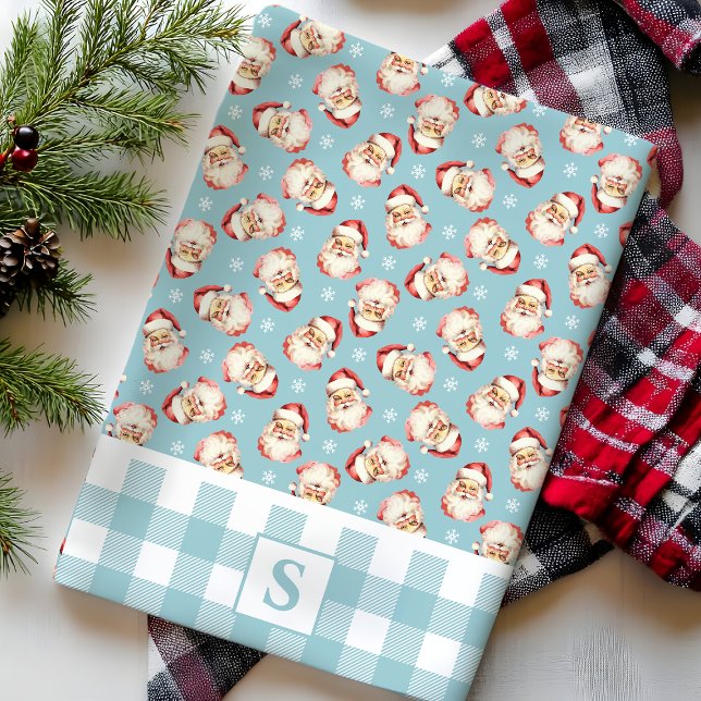 Vintage Santa Blue Gingham Monogrammed Christmas Tea Towel (Creator Uploaded)