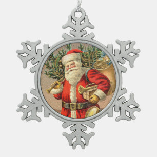 Vintage Santa Bringing Presents and Christmas Tree Snowflake Pewter Christmas Ornament