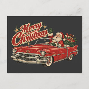 Vintage Santa Cadillac Merry Christmas Retro 50's Postcard