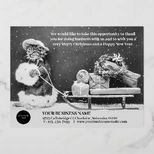 Vintage Santa Cat Christmas Business Logo Foil Holiday Postcard