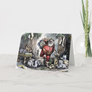 Vintage Santa Cats and Dogs Christmas Card