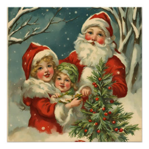 Vintage Santa, Children and Christmas Tree  Poster