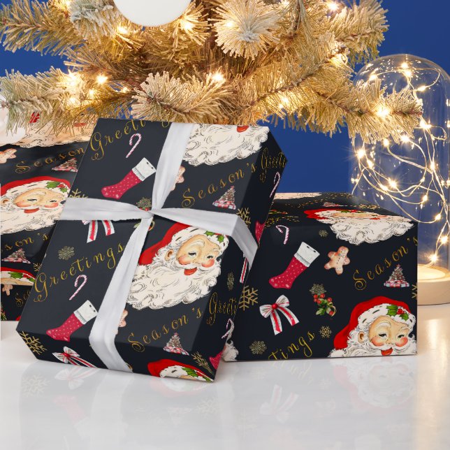 Vintage Santa Christmas Greeting on Black Wrapping Paper (Holidays)