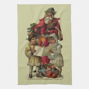 Vintage Santa Christmas Music Singing Tea Towel