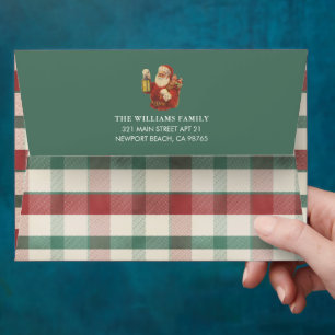 Vintage Santa Christmas Red Green Plaid Lined Envelope