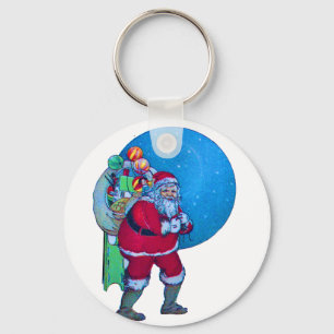 VINTAGE SANTA,CHRISTMAS SACK ,TOYS IN STARRY SKY KEY RING
