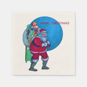 VINTAGE SANTA,CHRISTMAS SACK ,TOYS IN STARRY SKY NAPKIN