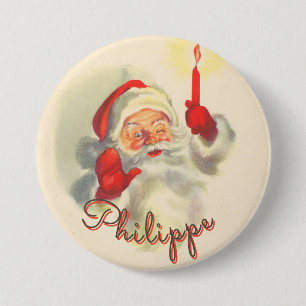 Vintage Santa Christmas Stocking Name Tag Button