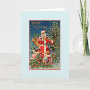 Vintage Santa Claus and Angels Christmas Card