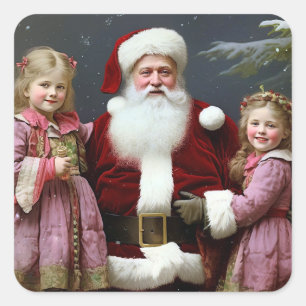 Vintage Santa Claus and Children Square Sticker