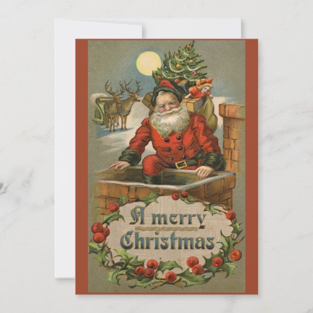 Vintage Santa Claus and Chimey Christmas Card (Front)