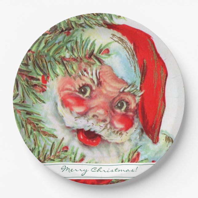 Vintage Santa Claus and Christmas Tree Paper Plate (Front)