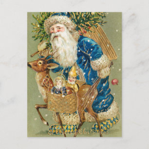 Vintage Santa Claus and Deer Christmas Holiday Postcard