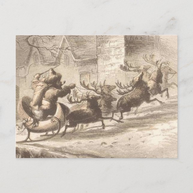 Vintage Santa Claus and Reindeer Illustration Holiday Postcard (Front)