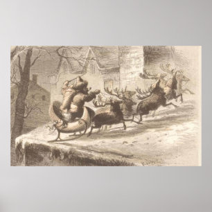 Vintage Santa Claus and Reindeer Illustration Poster