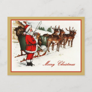 Vintage Santa Claus and Reindeer Merry Christmas Holiday Postcard