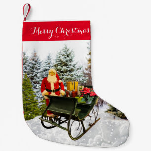 Vintage Santa Claus and Sleigh/ Retro Small Christmas Stocking