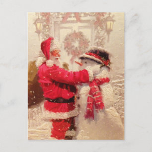 Vintage Santa Claus and Snowman Christmas Postcard