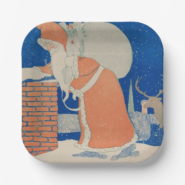 Vintage Santa Claus at Chimney holiday   Paper Plate (Front)