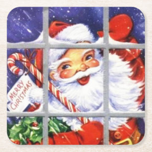 Vintage Santa Claus at the Window Christmas Square Paper Coaster