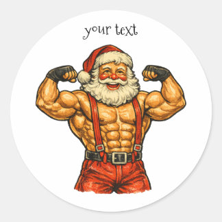 Vintage Santa Claus Bodybuilder Funny Christmas Classic Round Sticker