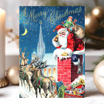 Vintage Santa Claus Chimney Merry Christmas Holiday Card<br><div class="desc">Vintage Santa Claus Chimney Merry Christmas Holiday Card. This design features Santa Claus with his Reindeer going down the chimney. What a beautiful retro holiday scene. Personalise this custom design with your own inside greeting.</div>