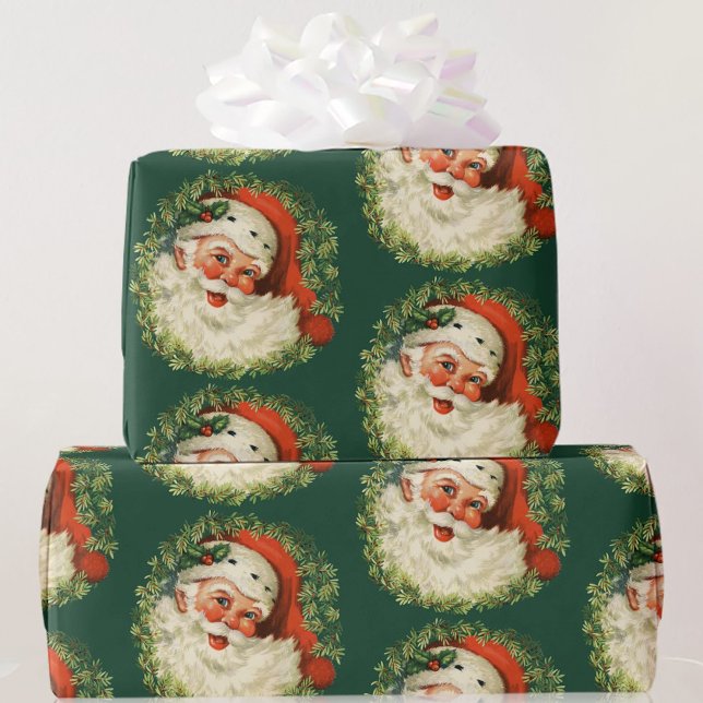 Vintage Santa Claus Christmas Green & Red  Wrapping Paper (Creator Uploaded)