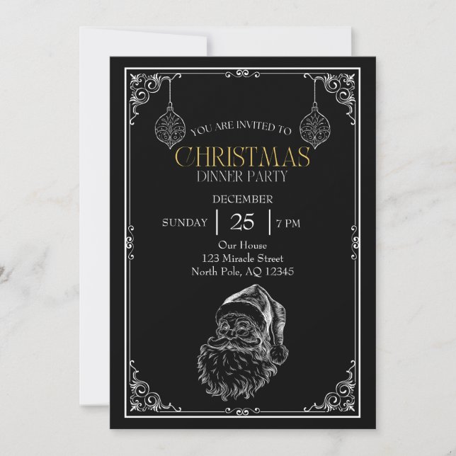 Vintage Santa Claus Christmas Party,Black & White Invitation (Front)