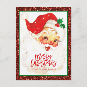 Vintage Santa Claus Christmas Red Green Glitter Holiday Postcard