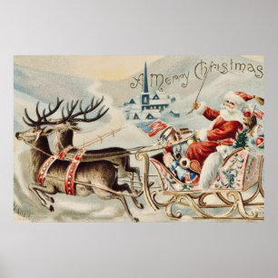 Vintage Santa Claus Christmas Sleigh Reindeer  Poster