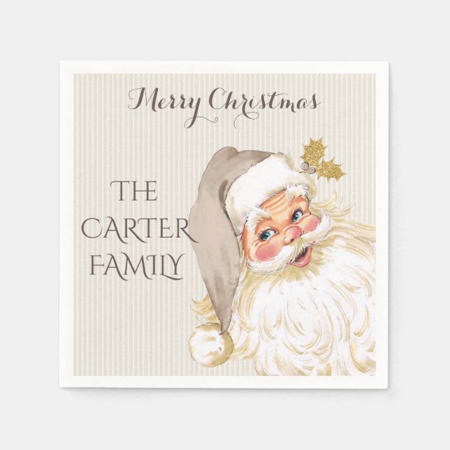 Vintage Santa Claus Christmas Taupe & Gold Napkin (Front)