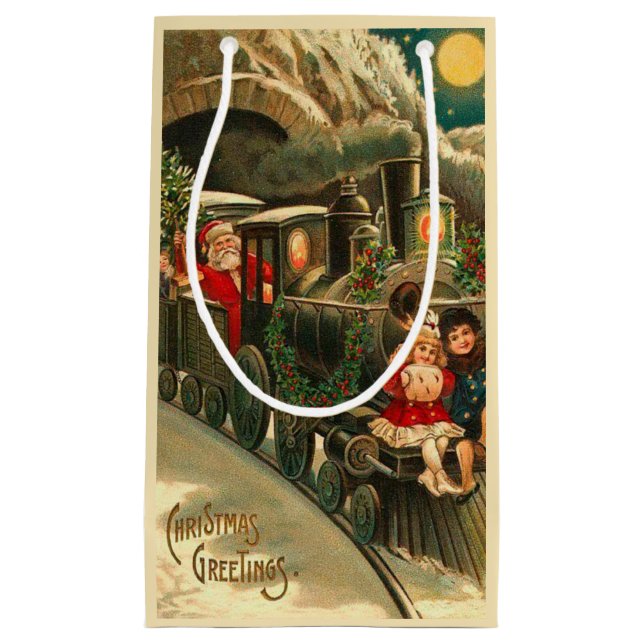 Vintage Santa Claus Christmas Train Small Gift Bag (Front)