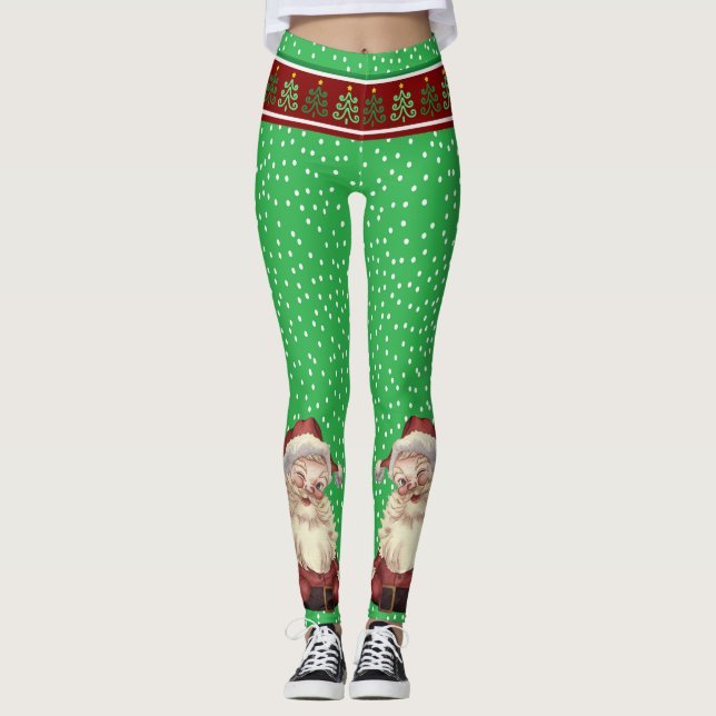 Vintage Santa Claus, Christmas Trees & Polka Dots  Leggings (Front)
