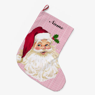 Vintage Santa Claus Cranberry & White Stripe Large Christmas Stocking
