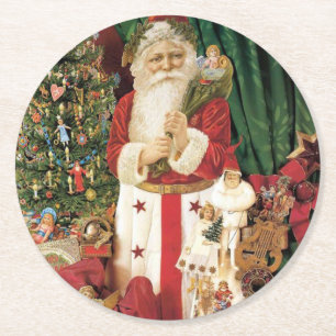Vintage Santa Claus Delivers on Christmas Round Paper Coaster